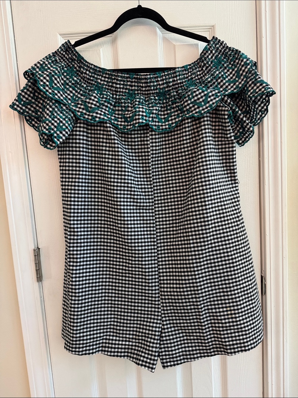LOFT BEACH Gingham Off the Shoulder Ruffle Romper Oversized Size Small